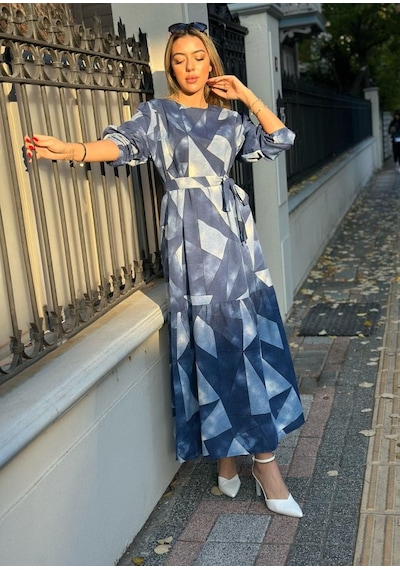 Etiler Collection Kadın Uzun Kollu Bisiklet Yaka Geometrik Desen Baskılı Kuşak Dahil Maxi Boy Elbise S Etiler Collection Kadın Uzun Kollu Bisiklet Yaka Geometrik Desen Baskılı Kuşak Dahil Maxi Boy Elbise S