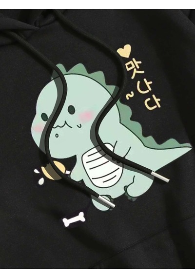 Startmore Cartoon And Korean Letter Graphic Drawstring Lined Hoodie Siyah Siyah