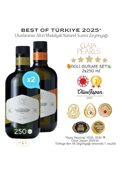 Gaia Pearls İkili Gurme Set 250 Ml X2 Avrupa Birliği Coğrafi İşaretli Milas Memecik Erken Hasat Soğuk Sıkım Zeytinyağı