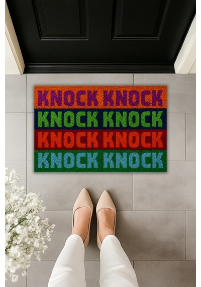 Rugmood Renkli Knock Yazılı Modern Kapı Önü Paspası Pop Art Dijital Baskılı Kaymaz Taban Paspas Çok Renkli