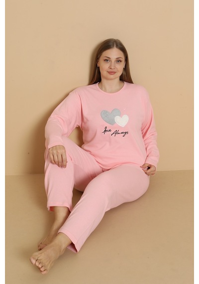 Wordex Fawn 1110 İnterlok Büyük Beden Kalpli Kışlık Ev Kadın Pijama Takımı Pembe