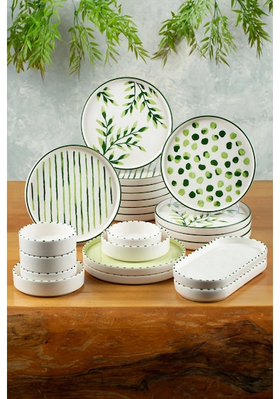 22 Parça 12 Kişilik Greentree Stackable Kahvaltı Takımı Lüx Kahvaltılık Sunum Seti Tabağı Yeşil