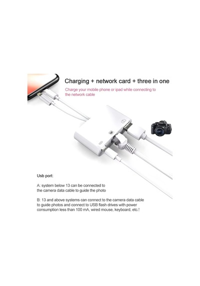 3 İn1 Şarj Adaptörü Lightning Type-c Girişini Kamera Fotoğraf Makinesi Lan Ethernet Girişine Çevirici Dönüştü