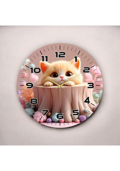 AA Shop Renkli Baskı Kedi Çocuk Desenli Sayılı Yılbaşı Hediyelik Ahşap Sessiz Tablo Duvar Saati D209 Çok Renkli