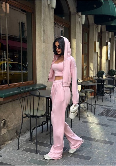 Evoa Kadın Pembe Dantel Detaylı Kapüşonlu Crop Hırka Palazzo Pantolon 3 Lü Takım
