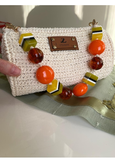 Laylazade El Yapımı Örgü Tasarım Krem-ekru Kadın El Çantası Davul Çanta -barrel Bag Açık Krem