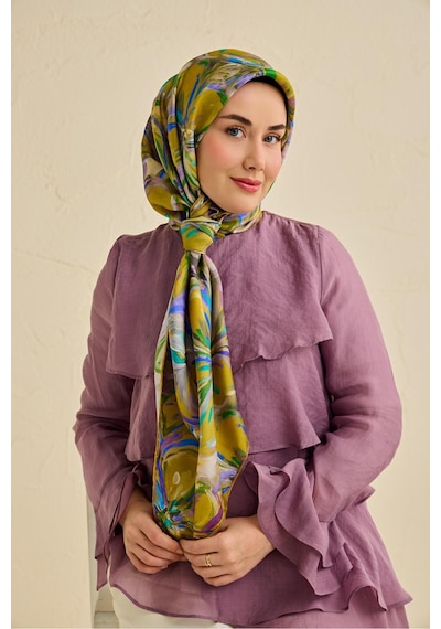 Silk Home Tivil İpek Eşarp Ist 11501- 02 Yağ Yeşili Çiçek Desen Bej