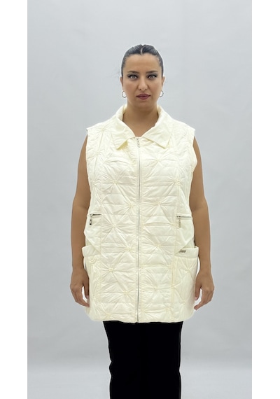 Büyük Beden Cepli Fermuarlı Oversize Kadın Uzun Yelek Beyaz