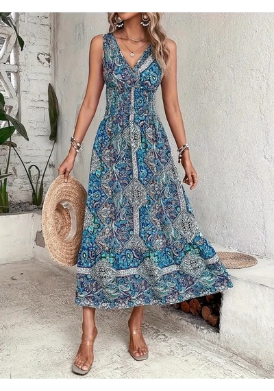 Tua Moda Kadın Beli Gipeli Etnik Desen Sıfır Kol Süprem Elbise Mavi