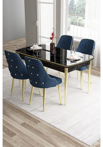 Canisa Tia Serisi, Siyah Mermer 80x132 Açılabilir Mdf Yemek Odası Takımı 4 Lacivert Sandalye Gold Detay Masa Siyah Mermer Desen Sandalye Lacivert Canisa Tia Serisi, Siyah Mermer 80x132 Açılabilir Mdf Yemek Odası Takımı 4 Lacivert Sandalye Gold Detay Masa Siyah Mermer Desen Sandalye Lacivert