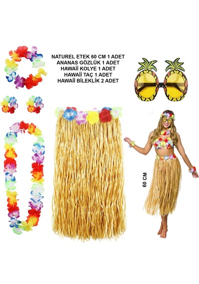 Hawaii Parti Kostüm Seti - 60 Cm Hasır Etek, Çiçekli Aksesuarlar Ve Ananas Gözlük 5691 "