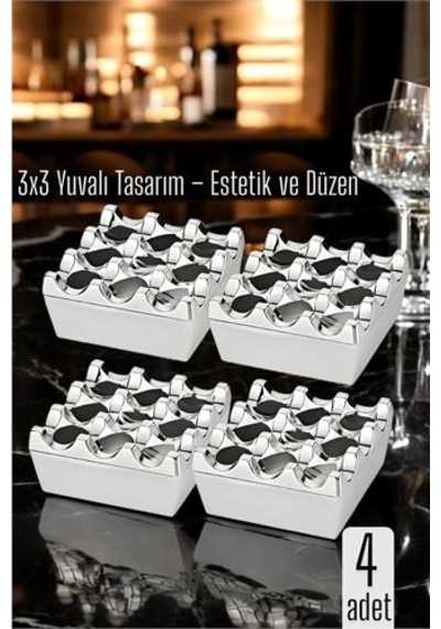 4 Lü Metal Döküm Küllük 3x3 Yuvalı, Krom , Modern Ve Ağırlıklı Tasarım 722219