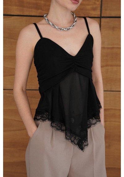 Verymoda D 2979 Askılı Dantel Detaylı Tül Bluz - D2979 Siyah