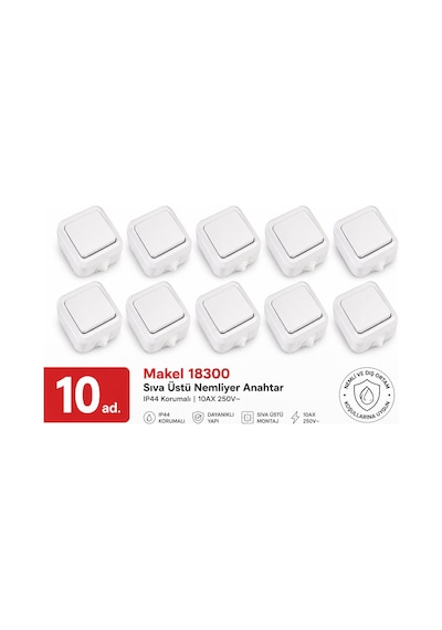 Makel Sıva Üstü Nemliyer Anahtar 18300 10 Lu Paket Ip44, 10ax 250v, Nemli Ve Dış Ortam Kullanımına Uygun