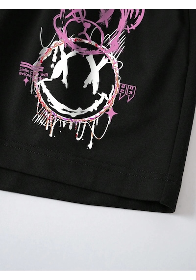 Cartoon Graphic Drawstring Waist Şort Siyah