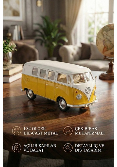 1:32 Ölçek Metal Çek Bırak Nostaljik Volkswagen T1 Minibüs Vosvos Oyuncak Araba - Sarı 13 Cm