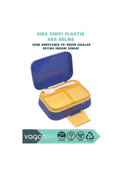 Bento 1030ml Lunchbox Tek Katlı 3 Bölmeli Pp Plastik Sefer Tası Yemek Kutusu Lacivert Çok Renkli