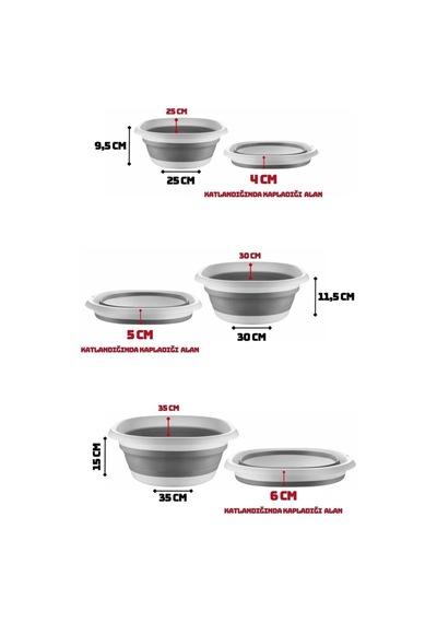 3 Adet Katlanır Leğen Seti Akordiyon Badya Seti - Katlanır Kova Çeyiz Seti 2.7 L-5 L-10 Litre Gri-beyaz