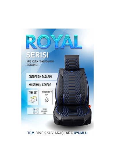 Hyundai Matrix Uyumlu Lüks Deri Oto Koltuk Kılıfı Ön Arka Takım Set Siyah Mavi Royal Model Fs