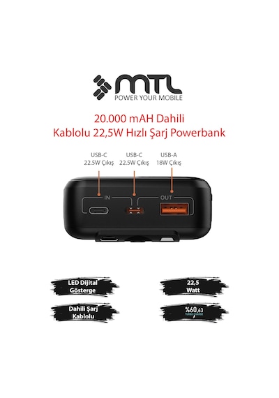 20000 Mah 22.5w Turbo Şarj Dahili Kablolu Dijital Led Göstergeli Pd Ve Qc 3.0 Powerbank Mt4320 Siyah