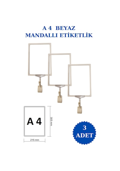 3 Adet Beyaz A4 Mandallı Raf Sepet Etiketi Çerçeveli Etiketlik Beyaz