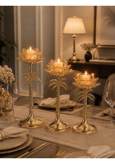 3 Lü Palmiye Tasarımlı Dekoratif Şamdan Mumluk Seti Gold Metal & Cam Detaylı 33 Cm 27 Cm 23 Cm Modern Lüks Ev Dekoru