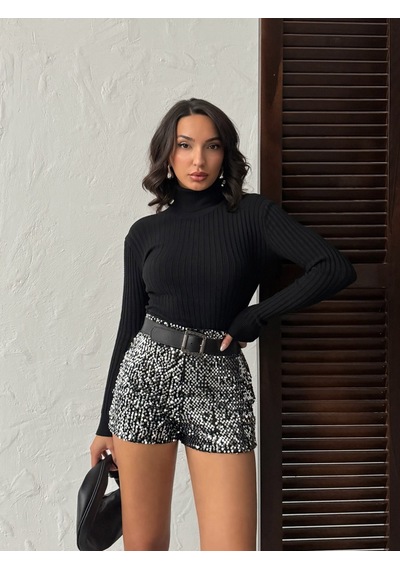 Verymoda Pullu Kadife Şort F2057 Siyah Gümüş