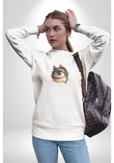 Duvardan Biri Bizi Gözetliyor Unisex Beyaz Baskılı Sweatshirt Beyaz