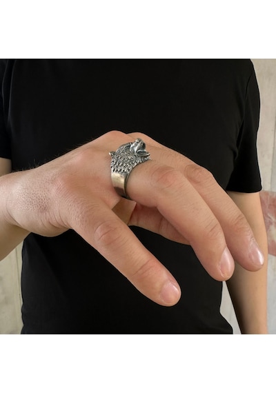 Takılingo 925 Ayar Gümüş 3d Kurt Motifli Eskitme Model Usta İşi Erkek Yüzük Gümüş