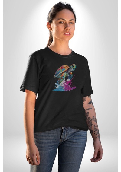 Renkli Kaplumbağa Karetta Kareta Unisex Unisex Siyah Organik Baskılı T-shirt Penye Yüksek Kalite Siyah