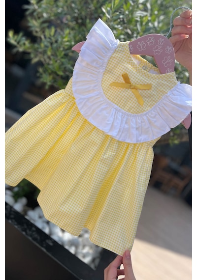 Fırfır Ve Kurdele Süslemeli Pötikare Sarı Kız Çocuk Bebek Elbise 001