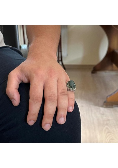 Gerçek Doğal Taş Yüzük - 925 Ayar Gümüş El Yapımı Yüzük Yosun Agate Gümüş