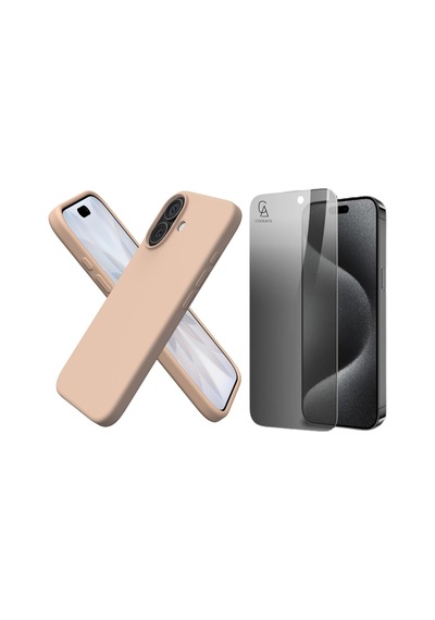 Apple Uyumlu iPhone 17 Içi Kadife Lansman Kılıf Ve Hayalet Privacy Tam Kaplayan Cam Ekran Koruyucu Desert Gold