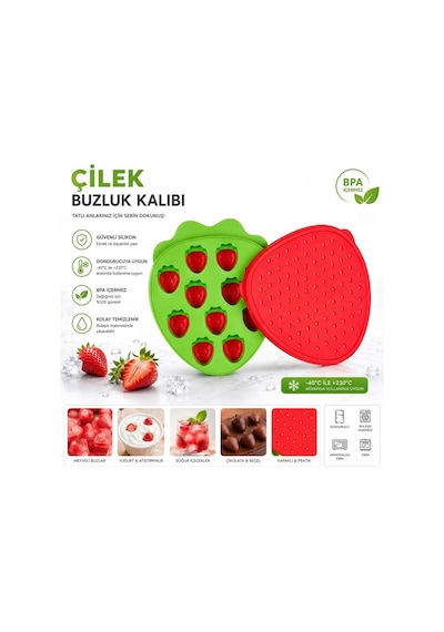 Qerhome Çilek Şekilli Silikon Buz Kalıbı Kapaklı Buzluk Çok Renkli