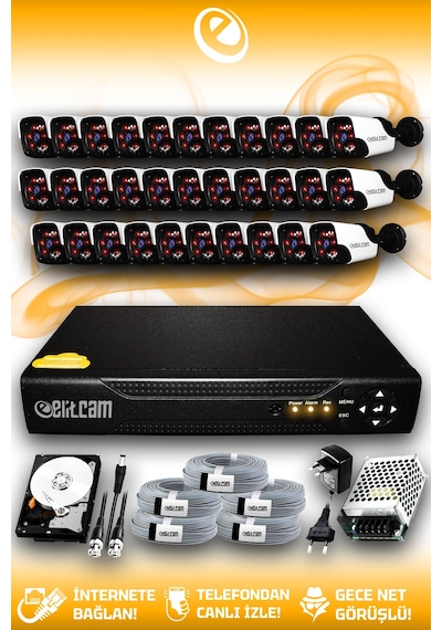 Elitcam 32 Kameralı Panda 32 Dış Kamera Set 500 GB HDD Full HD Gece Görüşlü Güvenlik Kamerası Sistemi