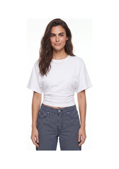 Onloox Kadın Beyaz Beyaz Pamuklu Bisiklet Yaka Yarasa Kol Rahat Kalıp Yanı Büzgülü Gizli Fermuar Detaylı T-shirt