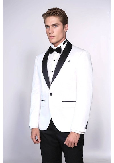 Beyaz Şal Yaka Simli Slim Fit Smokin Ceket - Wessi White