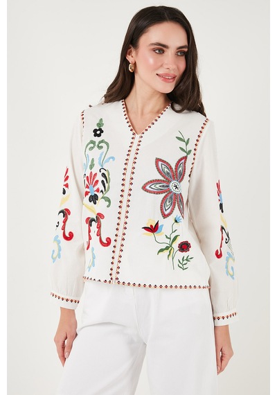 Lela Pamuklu Nakış Işlemeli Oversize Fit V Yaka Bayan Bluz 676254 Ekru