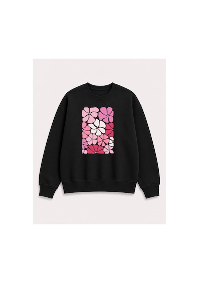 Herkesemoda Renkli Çiçekler Baskılı 2 İplik Şardonlu Bisiklet Yaka Sweatshirt Siyah