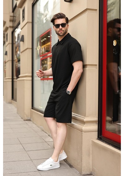 Siyah Polo Yaka T-shirt Şort Takım E7363