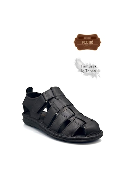 Sermoda Hakiki Deri Burnu Kapalı Erkek Sandalet Siyah