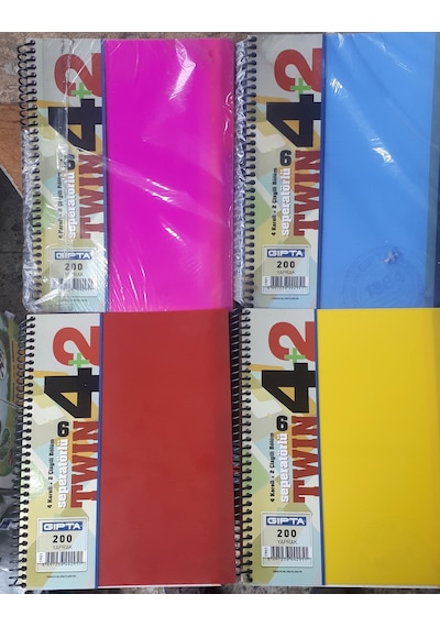 Ayraçlı Defter Spiralli A4 Ebat 200 Yp 6 Ayraç 4 Kareli + 2 Çizgili Plastik Kapak 4 Adet Defter Çok Renkli
