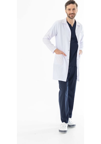 Spor Yaka Uzun Boy Erkek Doktor Önlüğü Alpaka Kumaş Beyaz Beo102 Beyaz