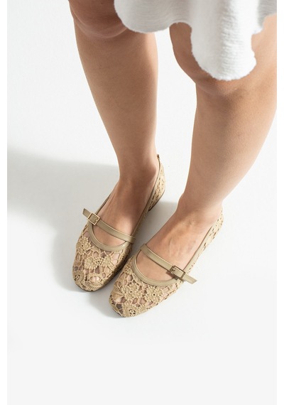 Dabab Shoes Merına Kadın Bej Düz Babet Dantel Dokuma Çiçek Desenli Tokalı Düz Ayakkabı