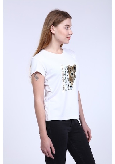 Newdesigner Kadın Beyaz Ön/Arka Tiger Baskılı V Yaka Tshirt Beyaz
