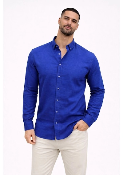 Wear Vexel Erkek Keten Kumaş Uzun Kollu Regular Fit Gömlek - Saks Mavisi Çok Renkli