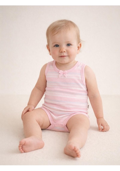Civil Baby Çizgili Fiyonklu 1-3 Yaş Çıtçıtlı Badi - Pembe