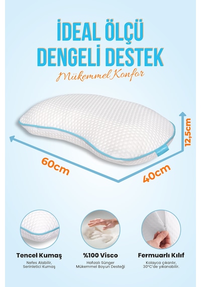 Viscofoam Yarım Ay Boyun Destekli Ortopedik Yastık Visco Yastık 60x40x12.5cm