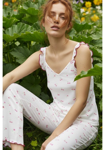 Siyah İnci Fitilli Kaşkorse Örme Pijama Takım 26120651 Beyaz Pembe