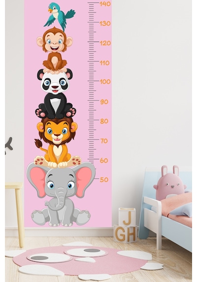 Sevimli Safari Hayvanları Boy Ölçüm Cetveli Boy Ölçer Sticker Pembe
